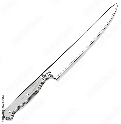 Hand drawn illustration of a sharp chef's knife kitchen utensil for cooking and food preparation