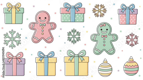 Holiday christmas gifts gingerbread man and snowflakes vector illustration design for christmas season