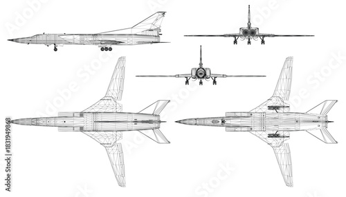 Blueprint of unique military fighter jets in wireframe style. Each aircraft displays distinct wing configurations, engine placements, and structural details.