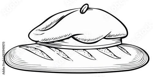 Artistic line drawing of a beret hat resting on a baguette bread