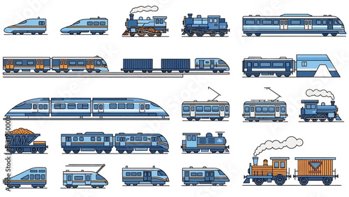 Vector illustration set of various train types in a retro 8-bit pixel art style for gaming and web design