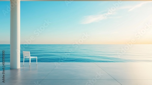Fototapeta Naklejka Na Ścianę i Meble -  White terrace with empty chair overlooking sea with blue sky and calm water creating serene atmosphere and peaceful environment for relaxation
