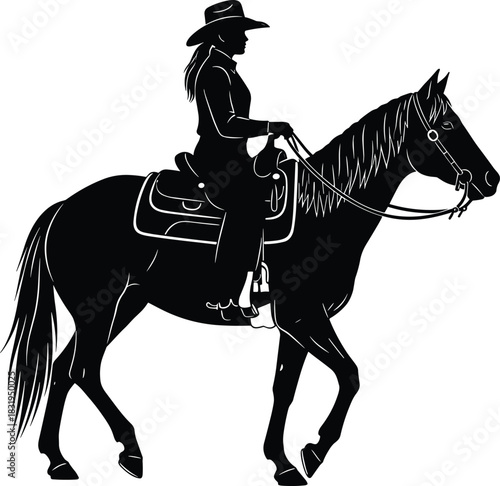 Silhouette of a cowgirl riding a horse in western style, showcasing equestrian movement, ranch culture, countryside lifestyle, outdoor adventure, and horsemanship skills