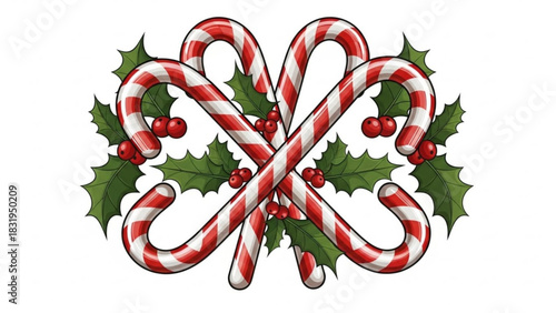 Festive christmas candy canes and holly berries holiday season vector illustration design element art