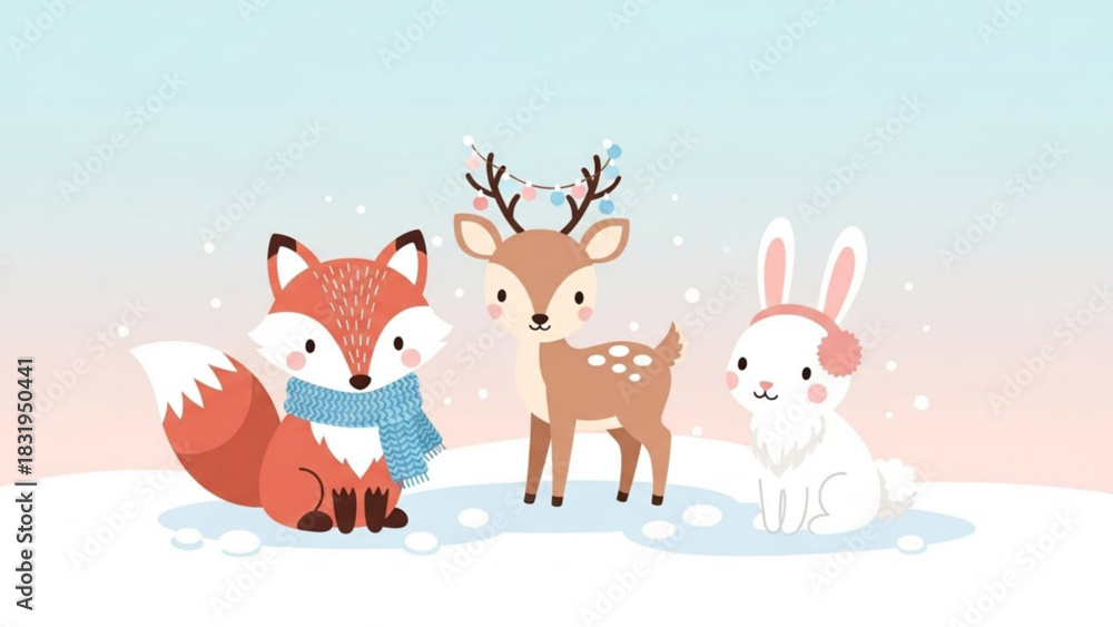 Naklejka premium Cute winter animals vector illustration fox deer rabbit winter scene christmas holiday season woodland art