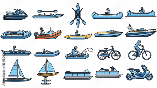 Collection of recreational water and land transport icons, including various boats, jet skis, kayaks, and bikes for leisure activities