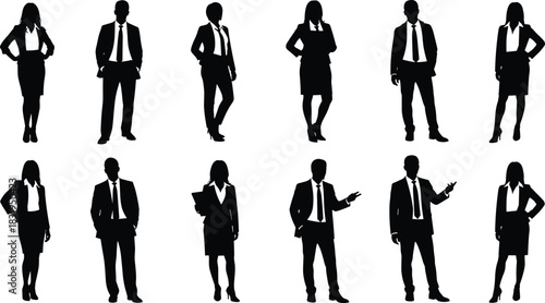 Silhouettes of diverse business professionals standing in multiple poses, representing teamwork, leadership, corporate workforce, career professionalism, office staff and modern business environment