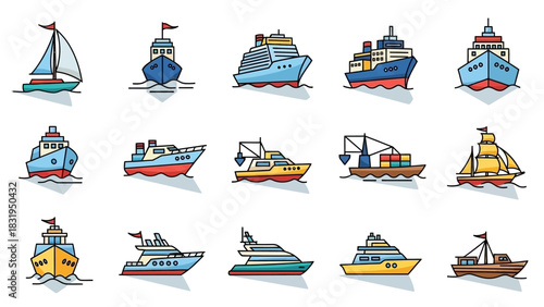 A diverse collection of colorful water transport icons, illustrating various ships and boats from sailboats to large cargo vessels in a line art style