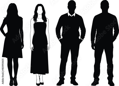 Silhouettes of diverse men and women standing together in formal and casual outfits, isolated on white background for design and illustration use