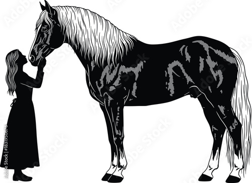 Silhouette of woman touching horse in peaceful moment, emotional bond, rural life, animal love, equestrian connection, black and white art