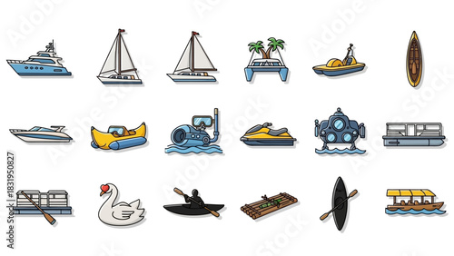 A diverse set of colorful water transportation and recreation icons, including yachts, sailboats, kayaks, and submarines for travel and leisure concepts