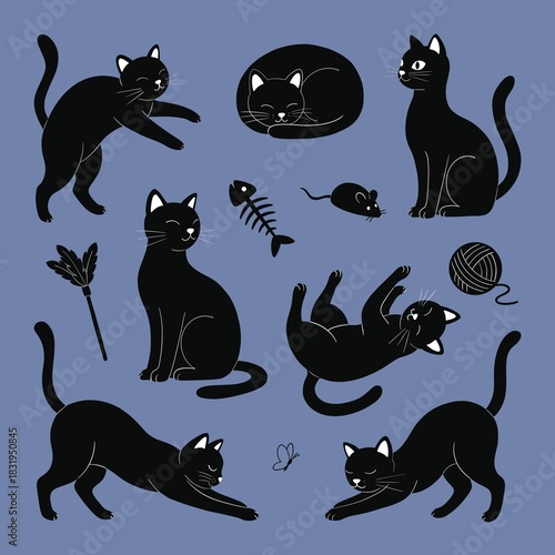 Minimalist Black Cat Line Art Collection. Hand Drawn Stickers Playful and Sleeping Cats