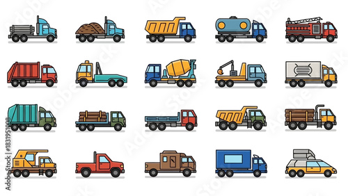 Collection of pixel art truck icons showcasing various commercial and industrial vehicles. This set includes dump trucks, fire engines, semi-trailers, and more, all in a colorful 8-bit style