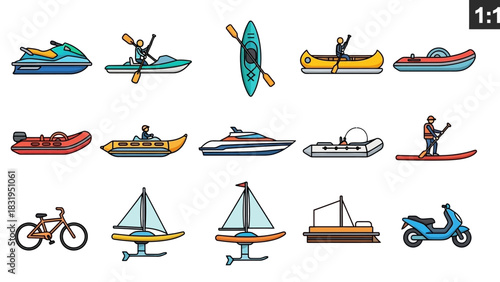 Colorful vector icon set of water transportation and recreational vehicles, including boats, kayaks, and personal watercraft for travel and leisure