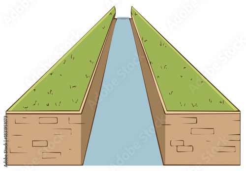 Vector illustration of an agricultural irrigation canal with grassy stone banks