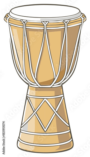 Illustrative Djembe Drum with Beige Wood Body and Tribal Motif, Perfect for Music, Culture, and Rhythm Projects, Art