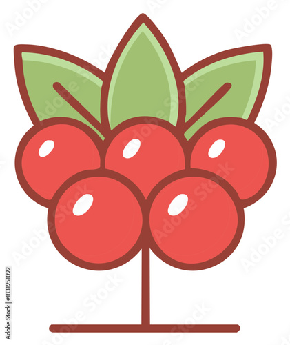 Vibrant Red Berries with Green Leaves on a Stem, Simple Nature Illustration. Fresh Fruit Cluster.
