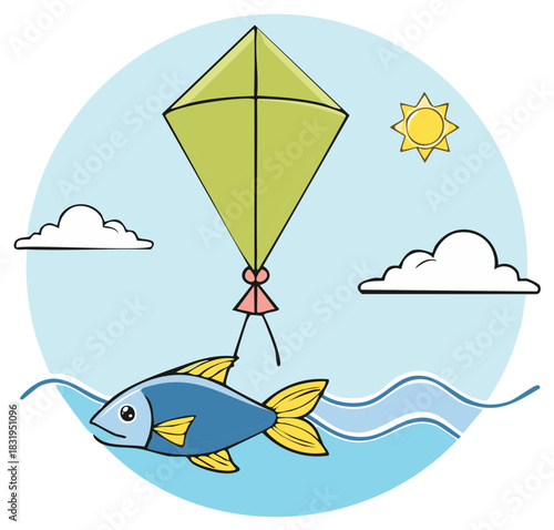Kite Flying with a Fish: Cartoon Illustration in a Sunny Sky
