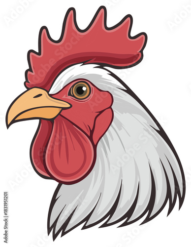 A proud rooster head in profile, a stylized vector illustration perfect for a mascot or farm logo.
