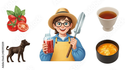 Wholesome living concept with a gardener, pet dog, and fresh tomato harvest