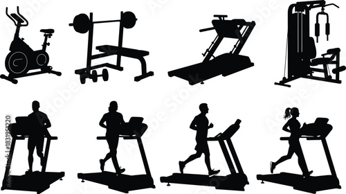 Silhouettes of gym equipment and people running on treadmills, showcasing fitness training, workout exercise machines, healthy lifestyle concepts for design projects