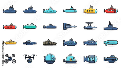 A diverse collection of colorful submarine and submersible icons, including aerial drones, designed in a pixel art vector style for technology and exploration themes