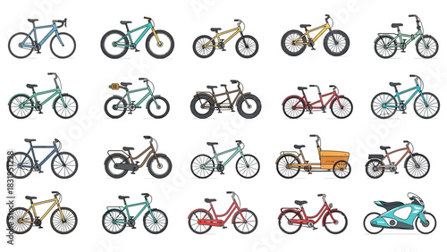 A diverse vector collection of various bicycle types, including city cruisers, mountain bikes, and specialized models for sport and transport