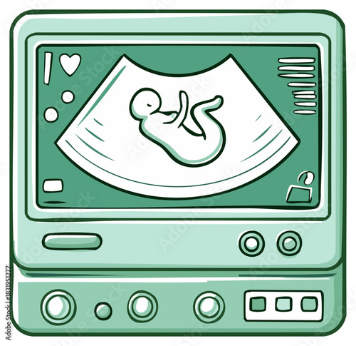 Ultrasound machine with baby image, medical examination, green illustration