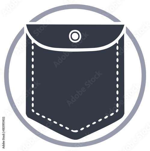 Elegant dark blue garment pocket symbol with a secured flap and button featuring dashed stitching