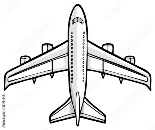 Top view illustration of a commercial airliner aircraft with multiple jet engines and wings