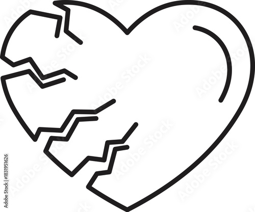 Line art vector graphic showing a broken heart, representing heartbreak, end of a relationship, divorce, loss, or sadness