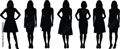 Silhouettes of multiple women standing in various elegant poses, representing confidence, femininity, fashion style, diversity, empowerment, modern lifestyle, and unity