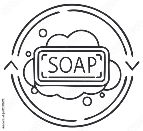 Line art icon of soap bar with lather and circular washing arrows for hygiene concept