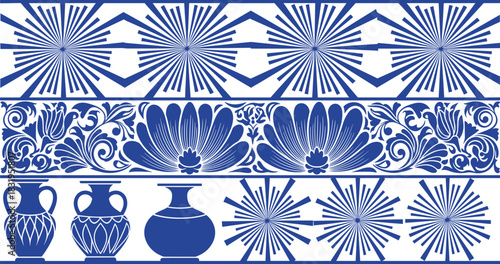 Blue and White Greek Key and Floral Border with Amphorae and Sunbursts Keywords: blue, white, greek, key, border, floral, pattern