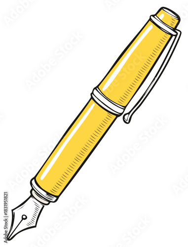 A bright yellow fountain pen with a silver clip and a detailed nib drawn in a sketch style