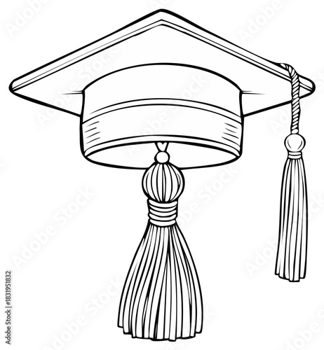 Academic mortarboard graduation cap with tassel black and white line art illustration