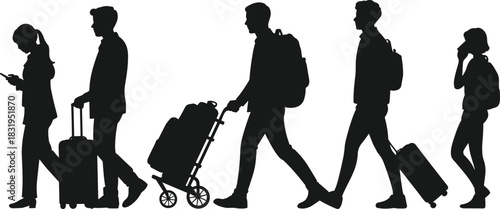 Silhouettes of travelers walking with luggage, backpacks, and trolleys in motion, representing airport travel, tourism, commuting, journey, and modern mobility concepts