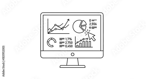 Line drawing of computer monitor displaying charts and data analysis tools for presentations