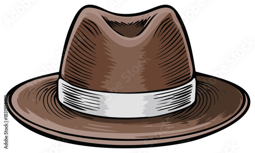 Vintage brown fedora hat in a classic comic book illustration style