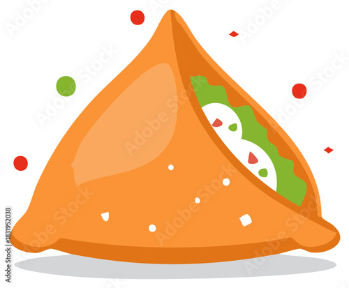 Illustrated samosa pastry with filling and colorful floating elements