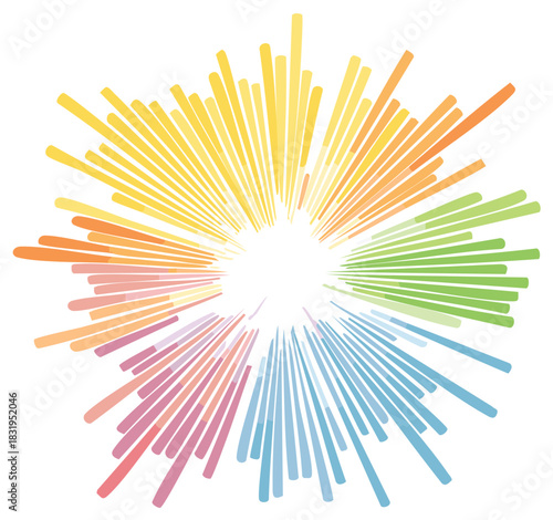 Abstract burst of multicolored lines radiating outward, vibrant spectrum design element