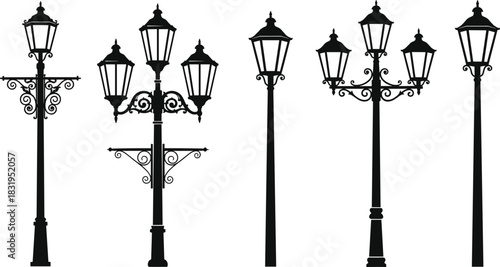 Vintage street lamp silhouettes with ornate decorative metal designs, classic outdoor lantern illustrations, isolated black lamp post collection on white background