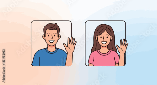 Online communication illustration depicting a man and woman during a video call