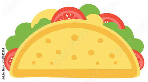 Stylized illustration of a taco with lettuce and tomato, flat design food graphic
