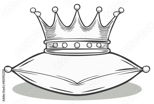 Illustrative Royal Crown Resting on Cushion  Monochrome Line Art  Nobility