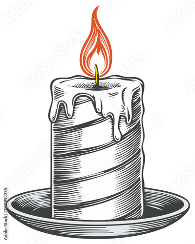 Vintage style lit candle with dripping wax and flame, presented on a saucer.