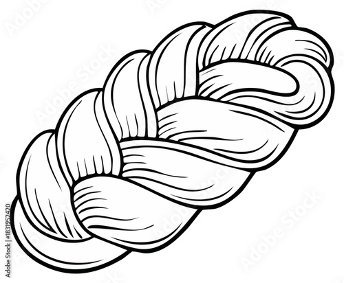 Stylized black and white illustration of a thick, interwoven braid of hair