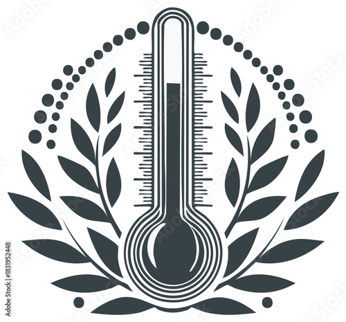 Stylized thermometer design with decorative foliage elements and dot pattern.