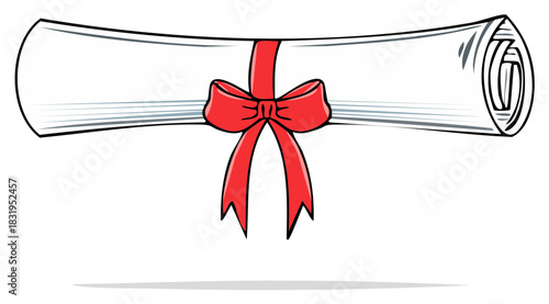 Illustration of a rolled up degree certificate or diploma tied with a red ribbon