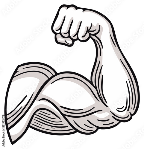 Cartoon style illustration of a muscular arm flexing its bicep